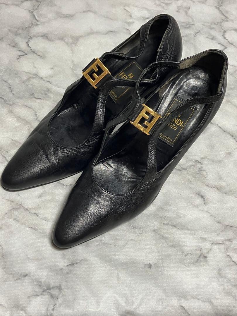 FENDI Shoes Pumps Heel FF EU 35.5 US 5.5 Leather Black Authentic