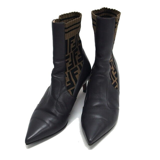 FENDI Short Boots Shoes FF Zucca EU 36.0 US 6.0 Leather Dark Brown Authentic