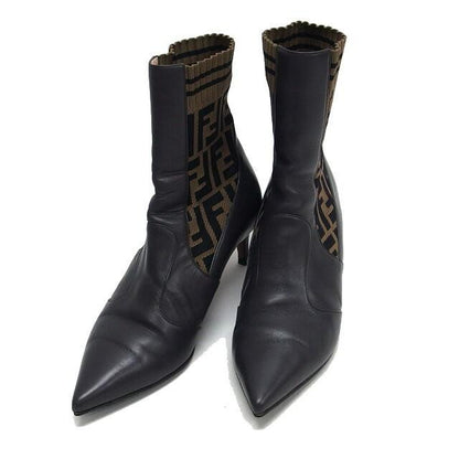 FENDI Short Boots Shoes FF Zucca EU 36.0 US 6.0 Leather Dark Brown Authentic
