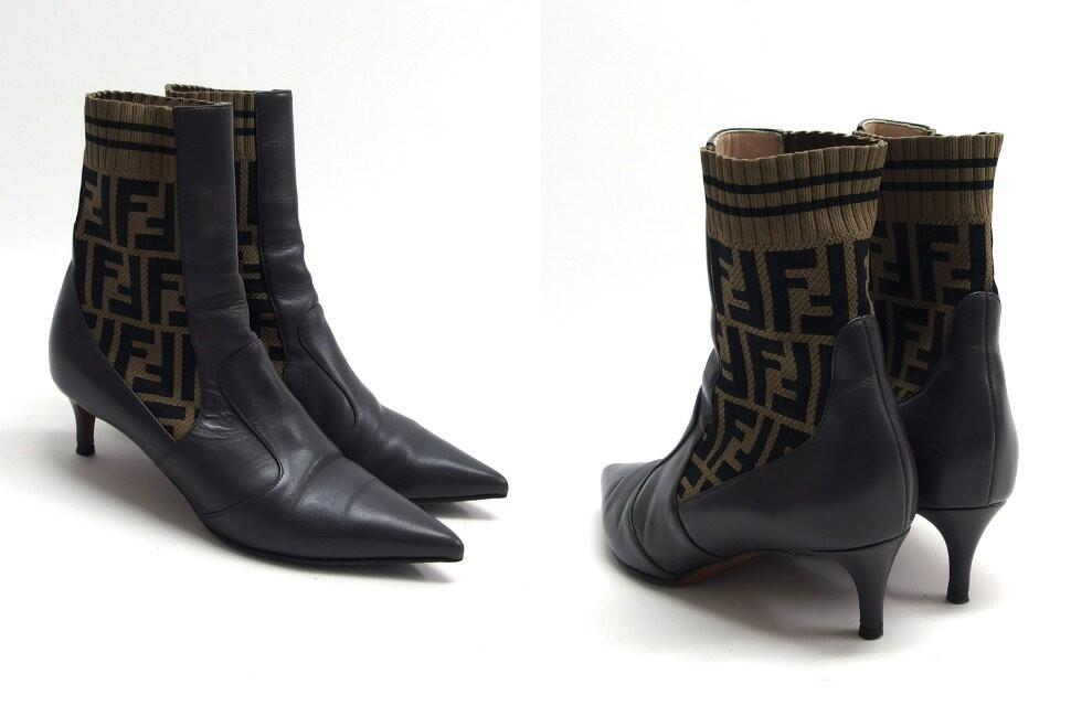 FENDI Short Boots Shoes FF Zucca EU 36.0 US 6.0 Leather Dark Brown Authentic