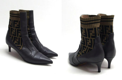 FENDI Short Boots Shoes FF Zucca EU 36.0 US 6.0 Leather Dark Brown Authentic
