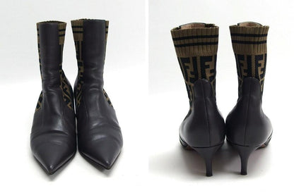 FENDI Short Boots Shoes FF Zucca EU 36.0 US 6.0 Leather Dark Brown Authentic