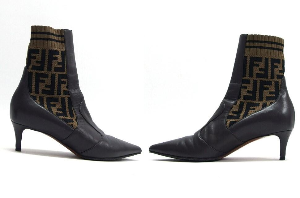 FENDI Short Boots Shoes FF Zucca EU 36.0 US 6.0 Leather Dark Brown Authentic