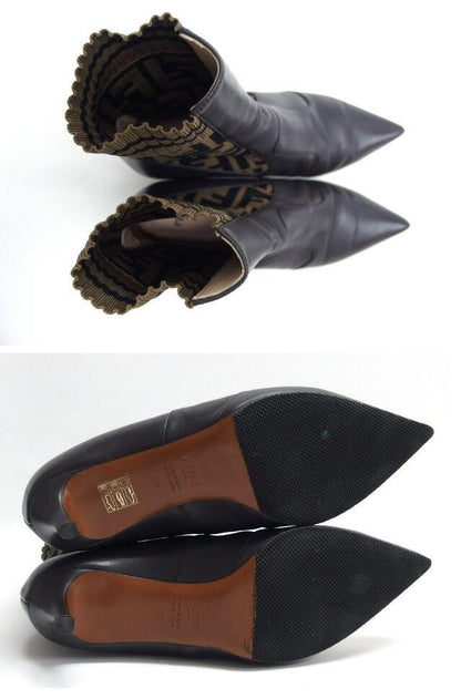 FENDI Short Boots Shoes FF Zucca EU 36.0 US 6.0 Leather Dark Brown Authentic