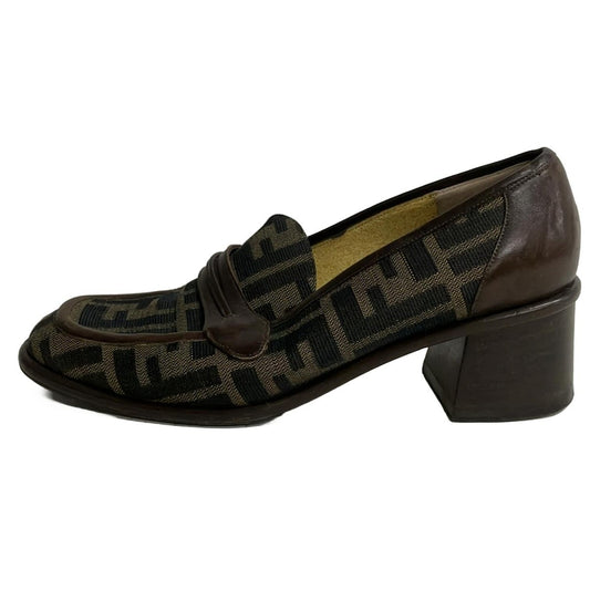 FENDI Loafers Shoes Heel FF Zucca EU 36.5 US 6.5 Jacquard Leather Brown Auth