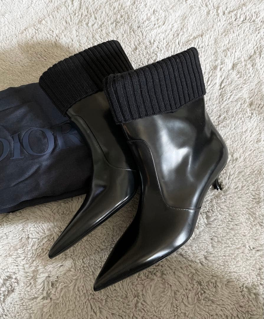 Christian Dior Short Boots Shoes EU 36 US 6 Knit Leather Black Authentic