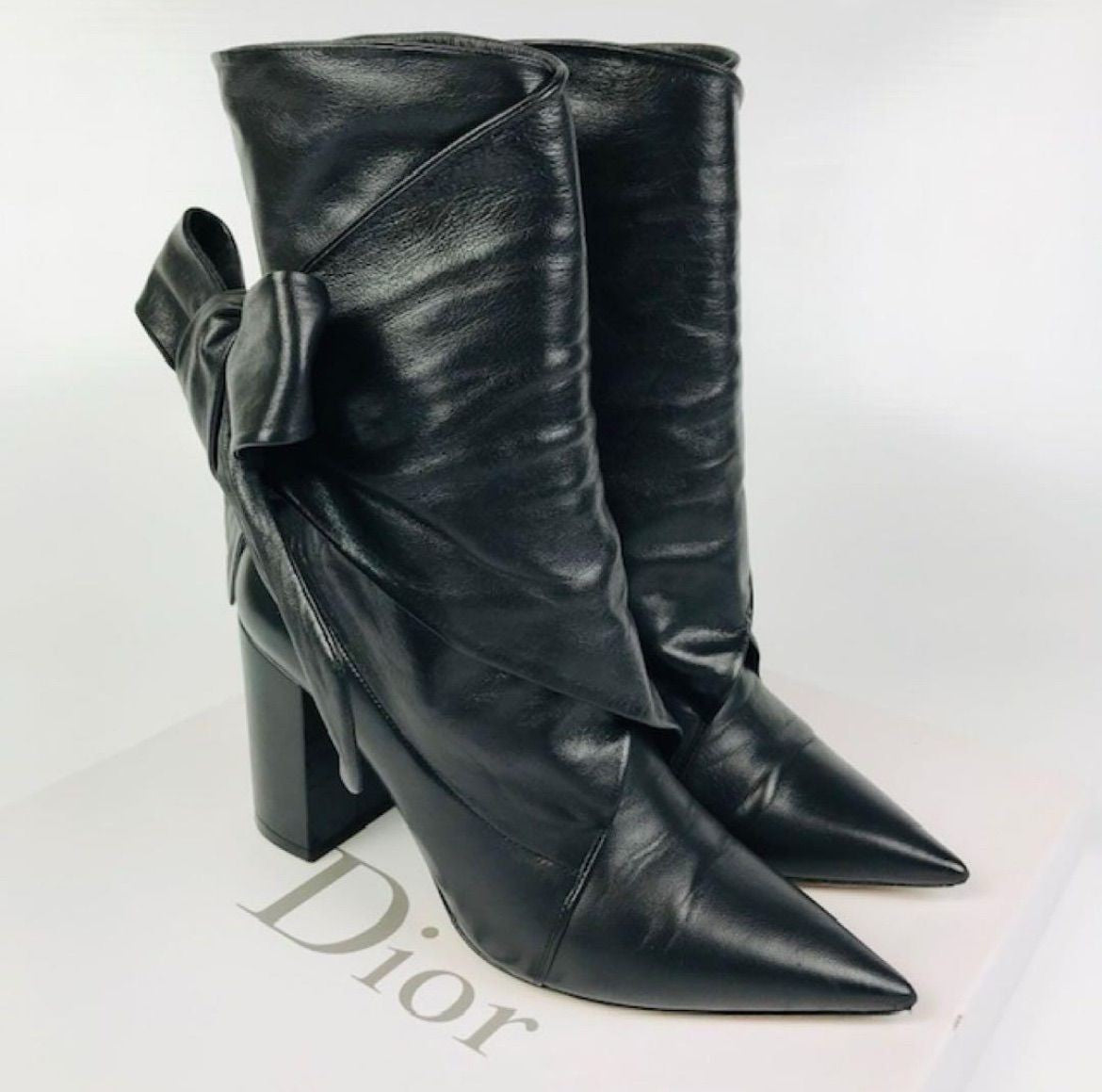 Christian Dior Short Boots Shoes Ribbon EU 36 US 6 Leather Black Authentic