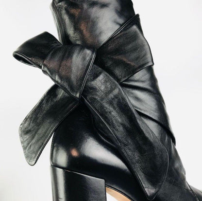 Christian Dior Short Boots Shoes Ribbon EU 36 US 6 Leather Black Authentic