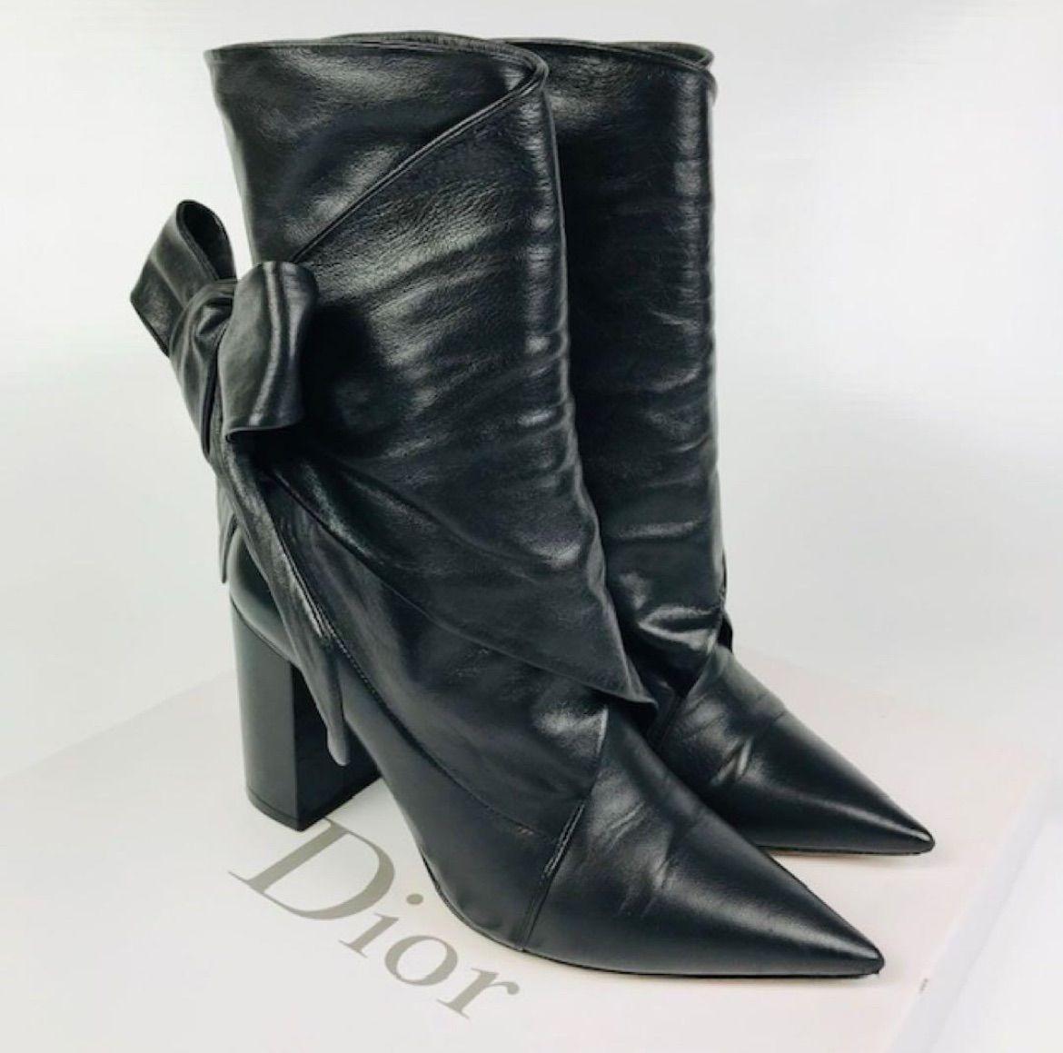 Christian Dior Short Boots Shoes Ribbon EU 36 US 6 Leather Black Authentic