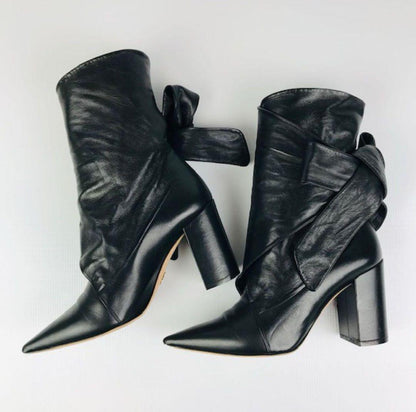 Christian Dior Short Boots Shoes Ribbon EU 36 US 6 Leather Black Authentic