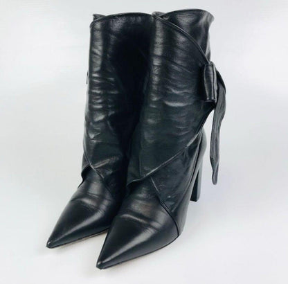 Christian Dior Short Boots Shoes Ribbon EU 36 US 6 Leather Black Authentic