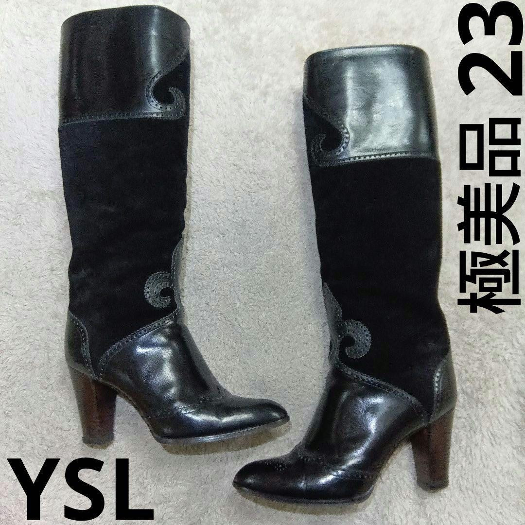 Saint Laurent Long Boots Shoes EU 37 US 7 Leather Suede Black Authentic