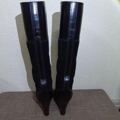 Saint Laurent Long Boots Shoes EU 37 US 7 Leather Suede Black Authentic