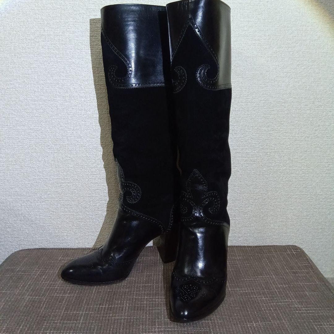 Saint Laurent Long Boots Shoes EU 37 US 7 Leather Suede Black Authentic