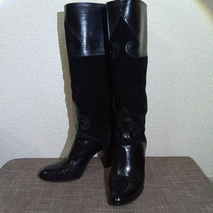 Saint Laurent Long Boots Shoes EU 37 US 7 Leather Suede Black Authentic