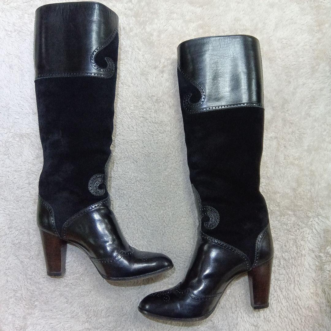 Saint Laurent Long Boots Shoes EU 37 US 7 Leather Suede Black Authentic