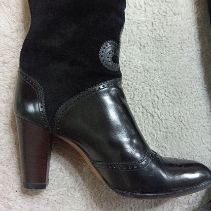 Saint Laurent Long Boots Shoes EU 37 US 7 Leather Suede Black Authentic