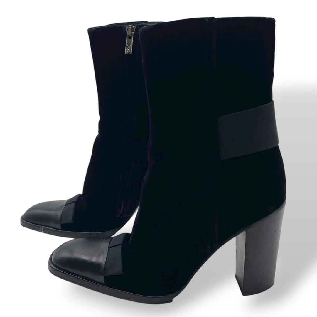 Saint Laurent Short Boots Shoes EU 37 US 7 Velvet Leather Black Authentic