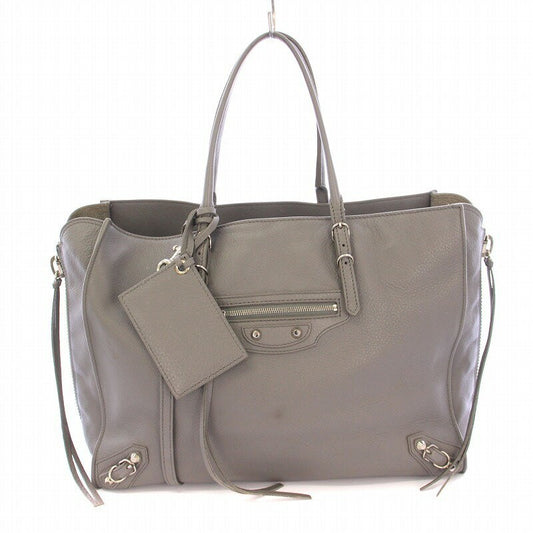 BALENCIAGA Hand Shoulder Bag Tote Purse 2way Paper B4 Zip Around Leather Gray