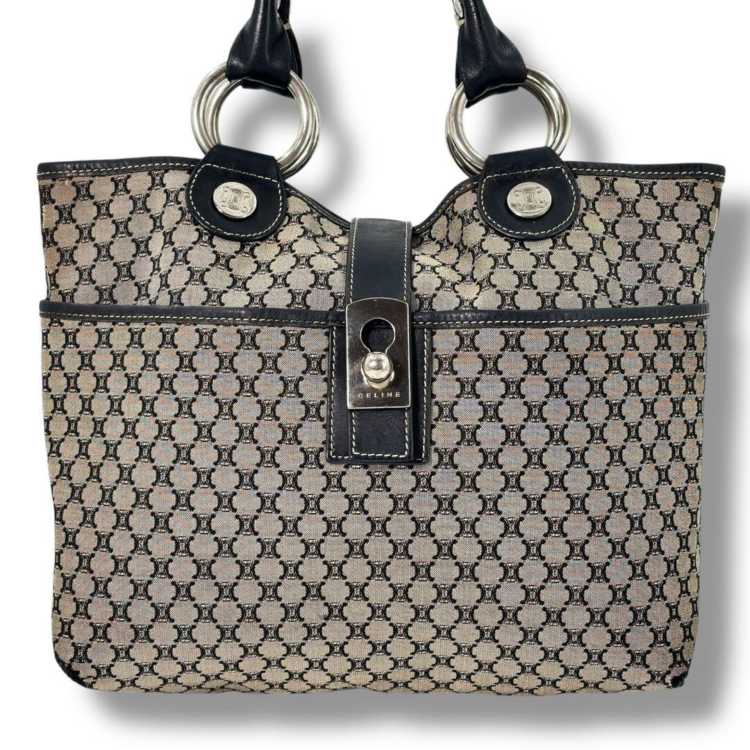 CELINE Hand Bag Tote Purse Macadam Leather Navy Authentic