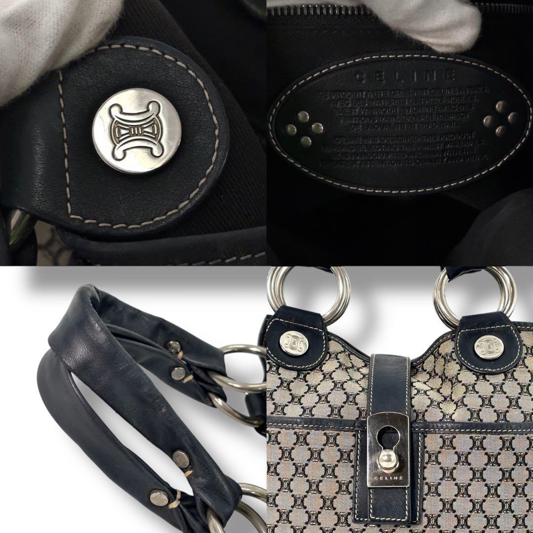 CELINE Hand Bag Tote Purse Macadam Leather Navy Authentic