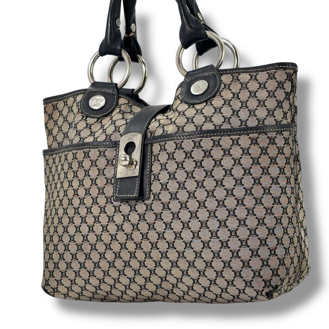 CELINE Hand Bag Tote Purse Macadam Leather Navy Authentic