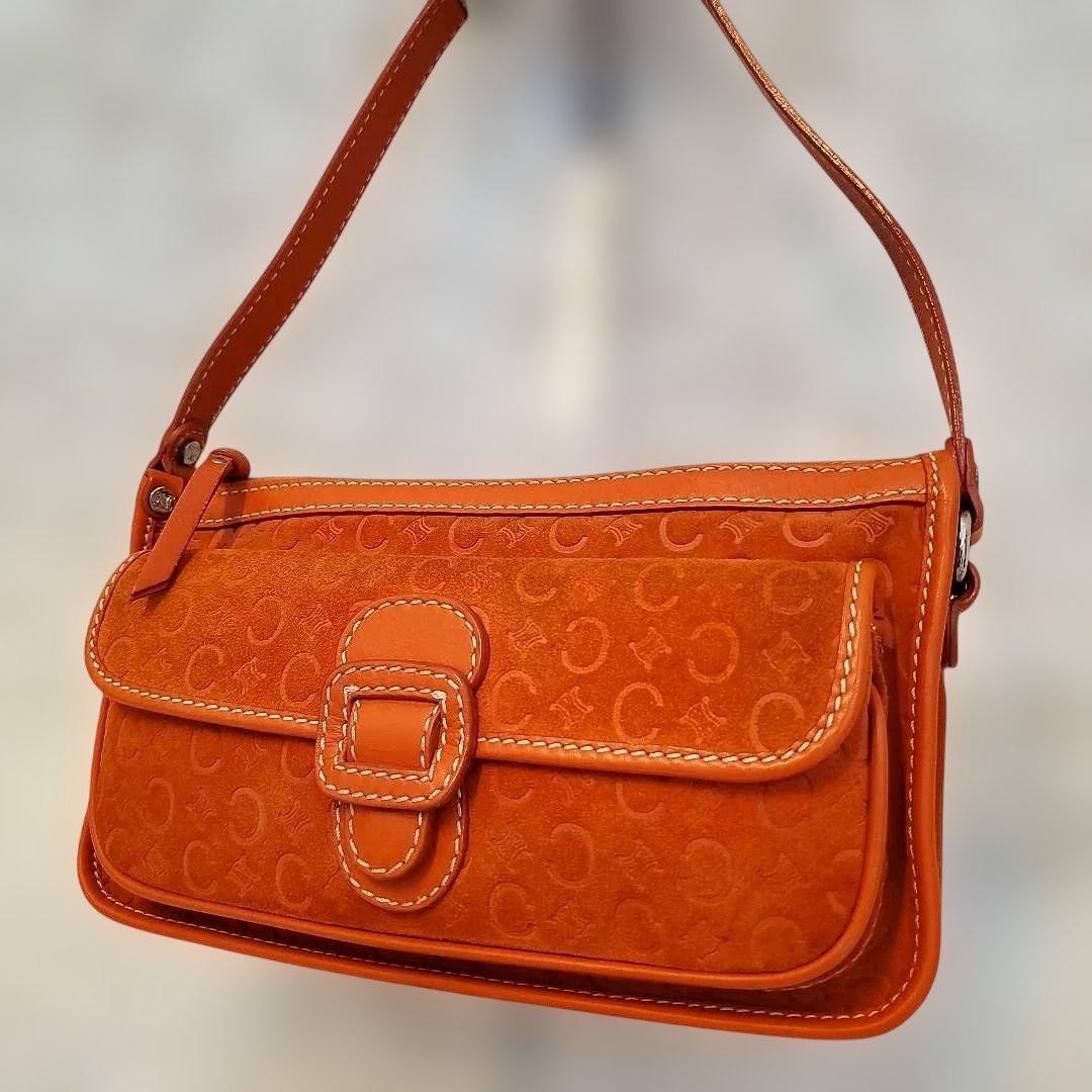 CELINE Accessory Pouch Shoulder Bag Purse C Macadam Suede Orange Authentic
