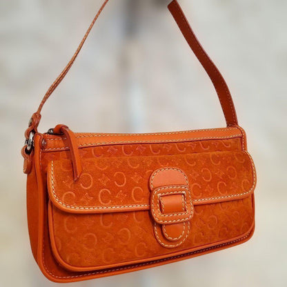 CELINE Accessory Pouch Shoulder Bag Purse C Macadam Suede Orange Authentic