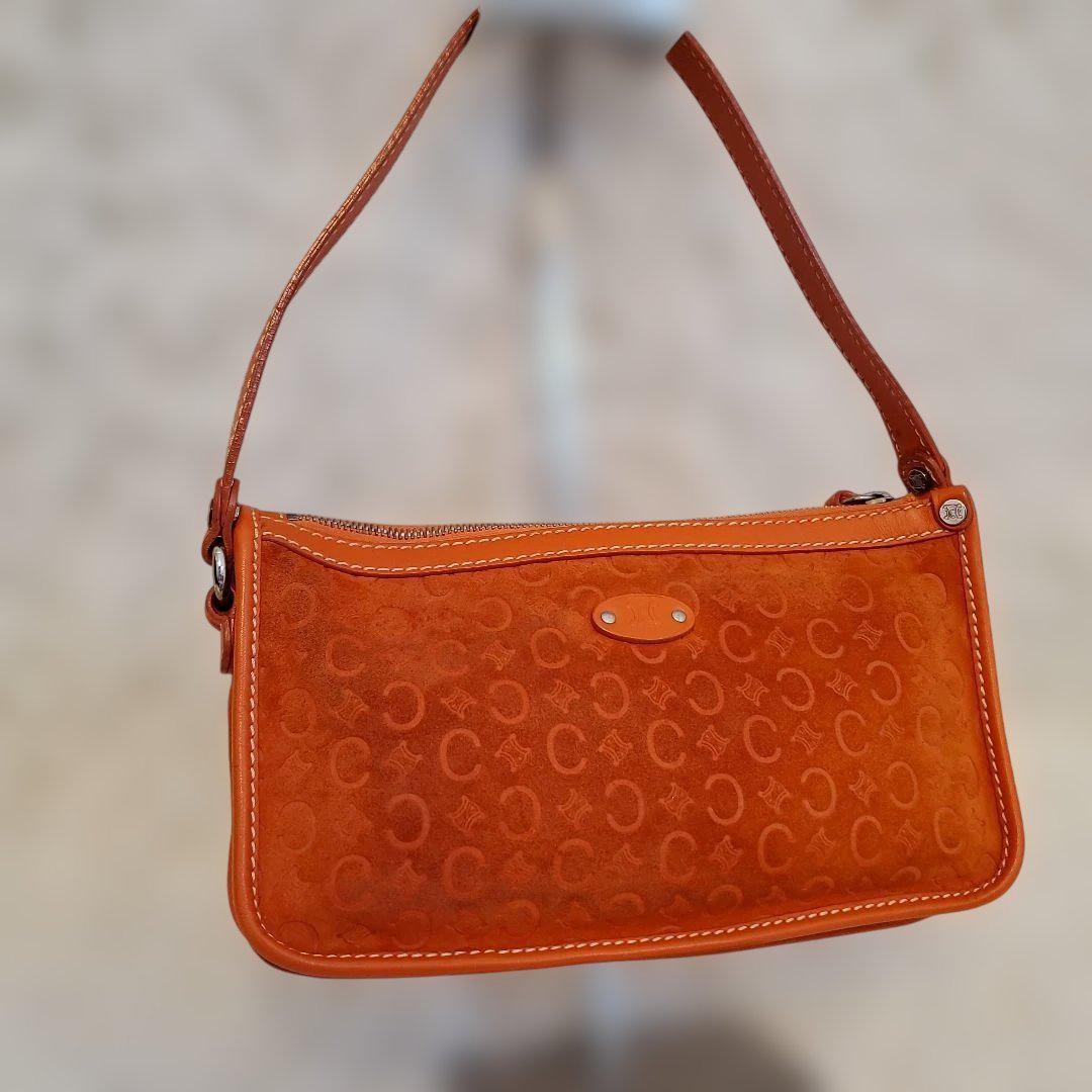 CELINE Accessory Pouch Shoulder Bag Purse C Macadam Suede Orange Authentic