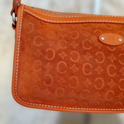 CELINE Accessory Pouch Shoulder Bag Purse C Macadam Suede Orange Authentic