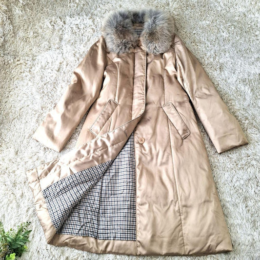 Aquascutum Down Long Coat Club Check Asian fit M US size S Beige Authentic