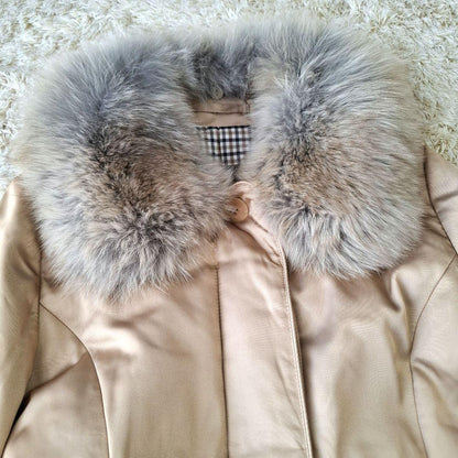 Aquascutum Down Long Coat Club Check Asian fit M US size S Beige Authentic