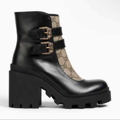 GUCCI Short Boots Shoes GG EU 35.5 US 5.5 Leather Canvas Black Authentic