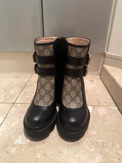 GUCCI Short Boots Shoes GG EU 35.5 US 5.5 Leather Canvas Black Authentic