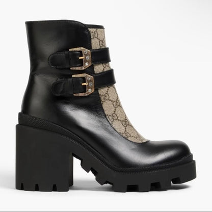 GUCCI Short Boots Shoes GG EU 35.5 US 5.5 Leather Canvas Black Authentic