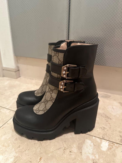 GUCCI Short Boots Shoes GG EU 35.5 US 5.5 Leather Canvas Black Authentic