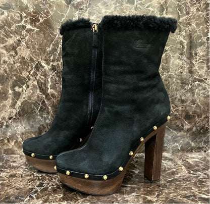 GUCCI Mouton Boots Shoes EU 37.5 US 7.5 Suede Black Authentic