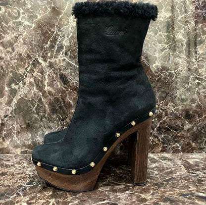 GUCCI Mouton Boots Shoes EU 37.5 US 7.5 Suede Black Authentic