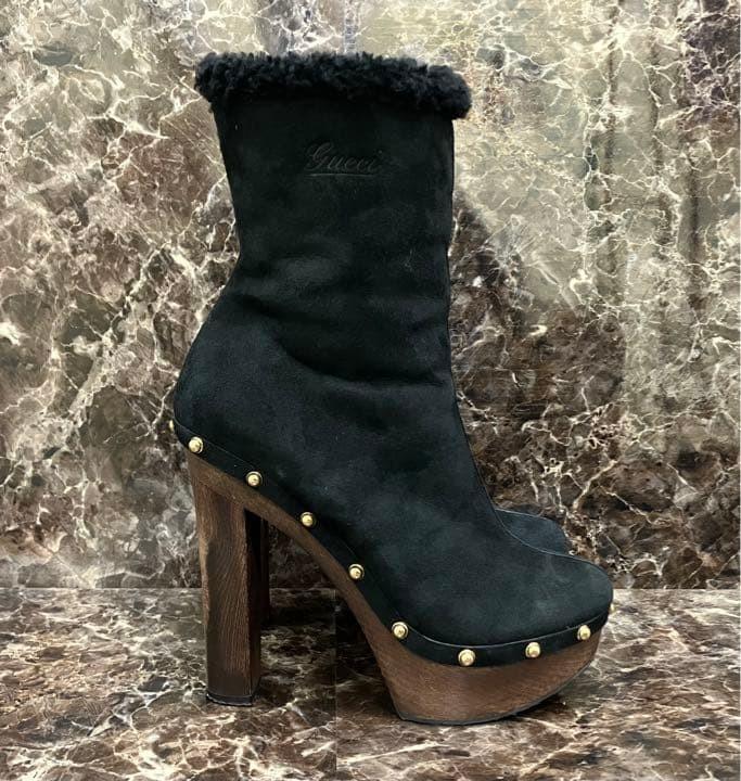 GUCCI Mouton Boots Shoes EU 37.5 US 7.5 Suede Black Authentic