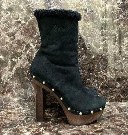 GUCCI Mouton Boots Shoes EU 37.5 US 7.5 Suede Black Authentic