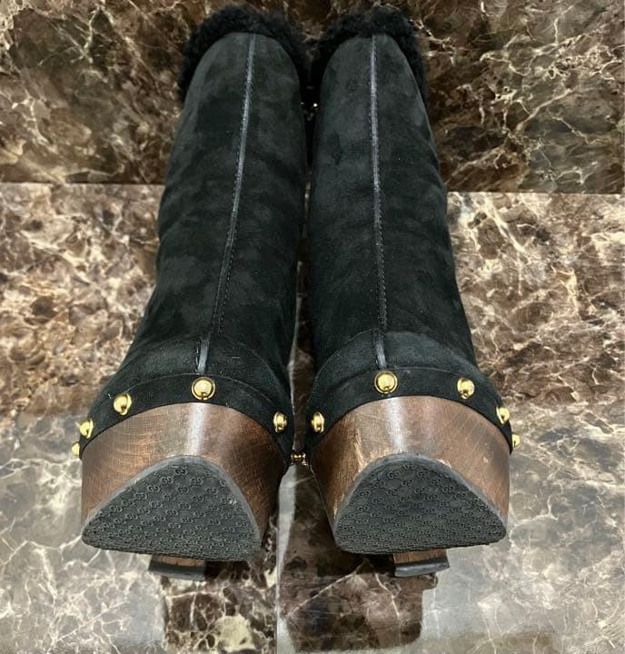 GUCCI Mouton Boots Shoes EU 37.5 US 7.5 Suede Black Authentic