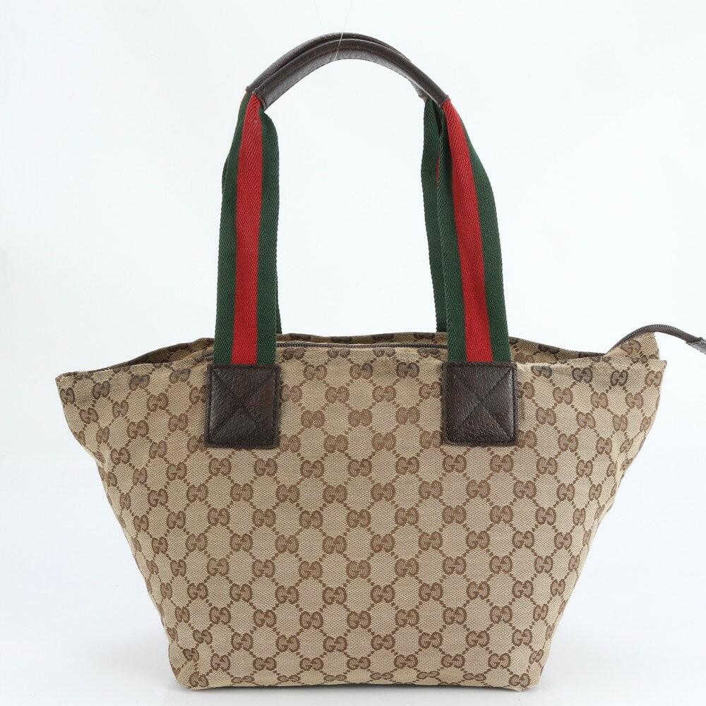 GUCCI Hand Bag Tote Purse Sherry Line GG Canvas Leather Brown Authentic
