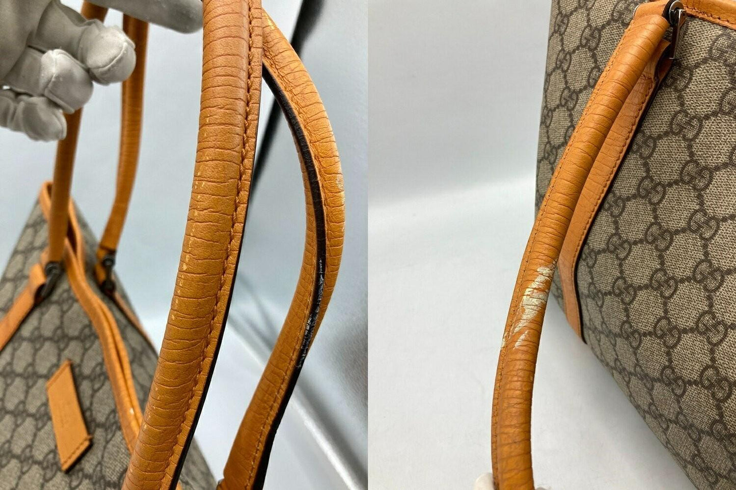 GUCCI Hand Bag Tote Purse GG Supreme PVC Leather Camel Authentic