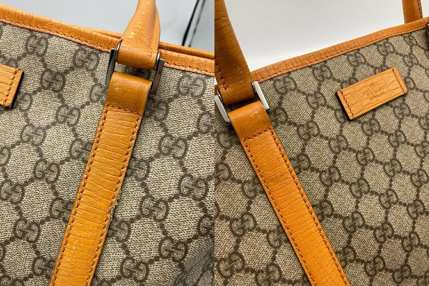 GUCCI Hand Bag Tote Purse GG Supreme PVC Leather Camel Authentic