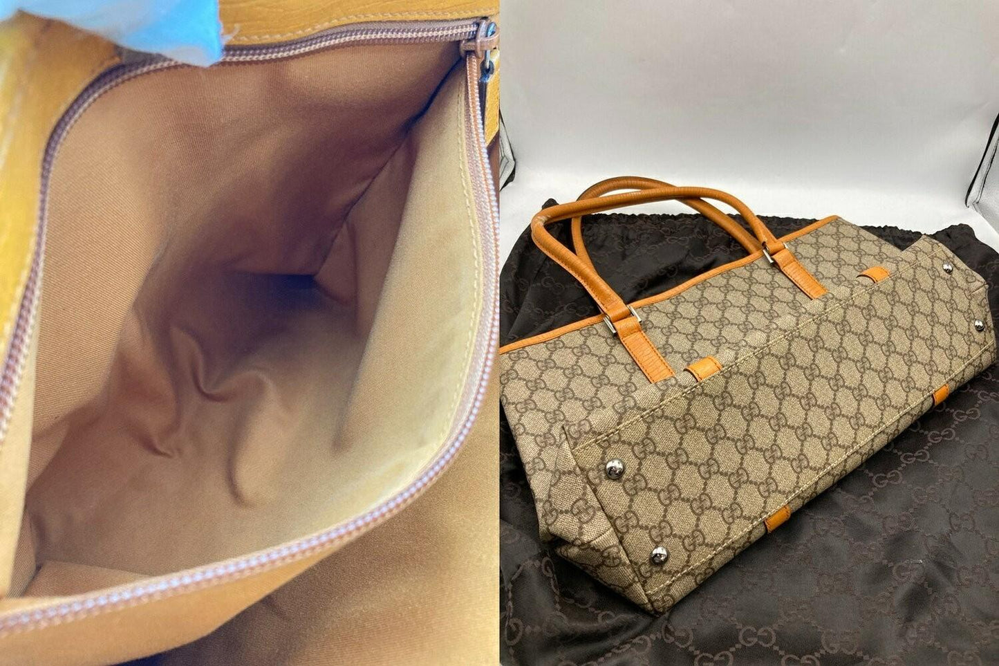 GUCCI Hand Bag Tote Purse GG Supreme PVC Leather Camel Authentic