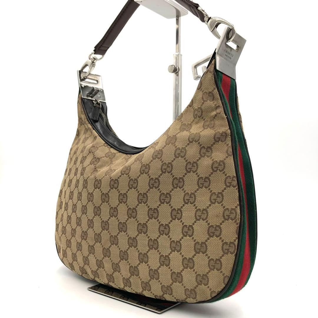 GUCCI Shoulder Bag Purse Sherry Line GG Canvas Leather Beige Dark Brown Auth