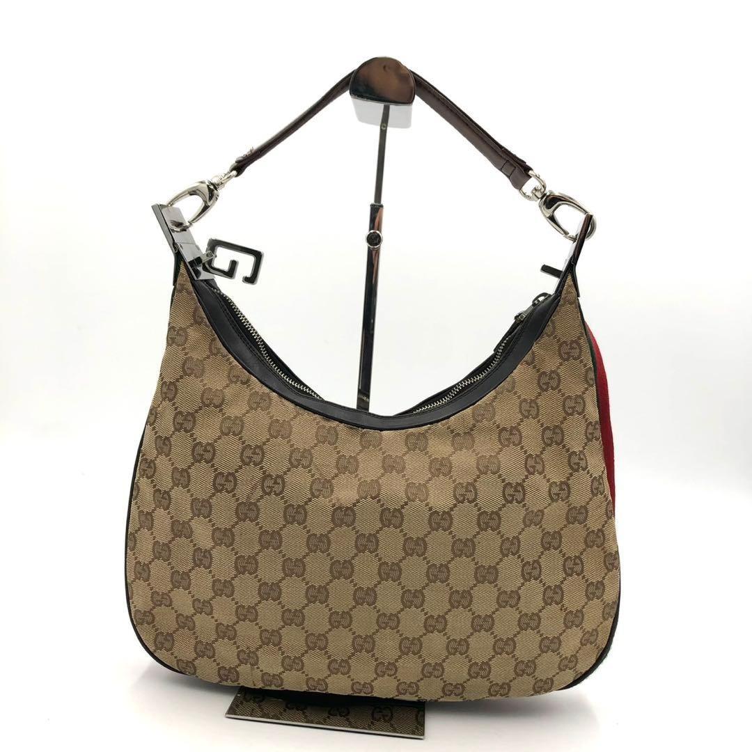 GUCCI Shoulder Bag Purse Sherry Line GG Canvas Leather Beige Dark Brown Auth