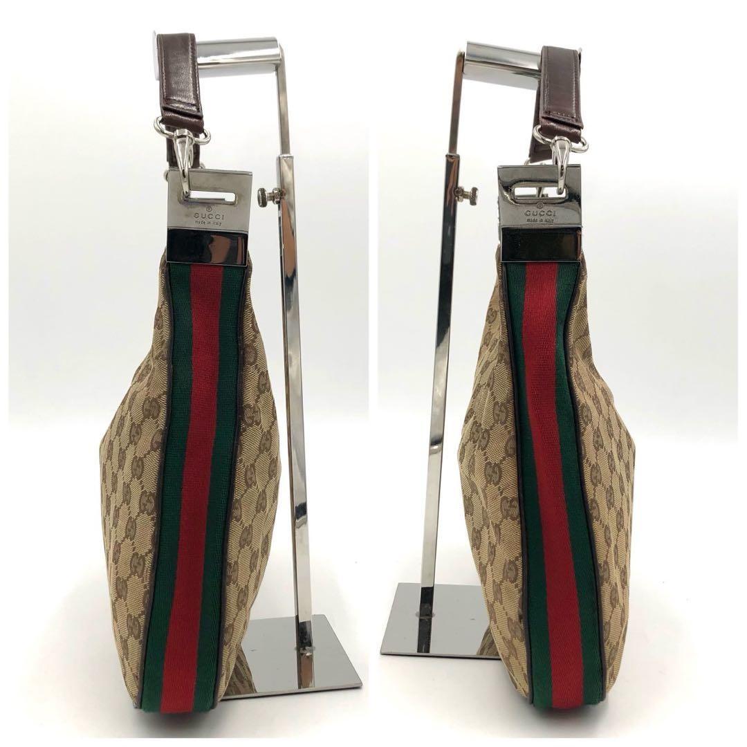 GUCCI Shoulder Bag Purse Sherry Line GG Canvas Leather Beige Dark Brown Auth