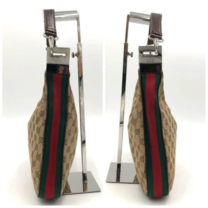 GUCCI Shoulder Bag Purse Sherry Line GG Canvas Leather Beige Dark Brown Auth