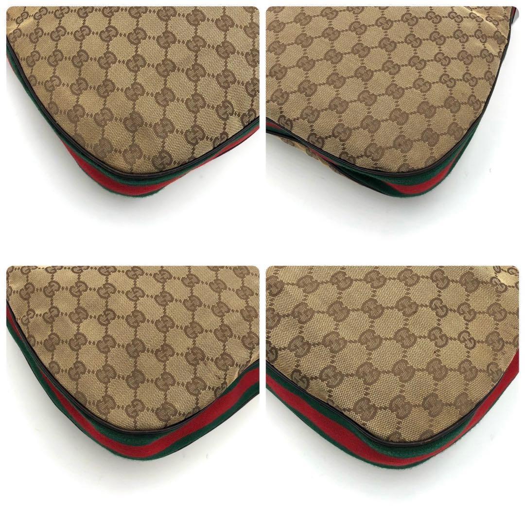 GUCCI Shoulder Bag Purse Sherry Line GG Canvas Leather Beige Dark Brown Auth